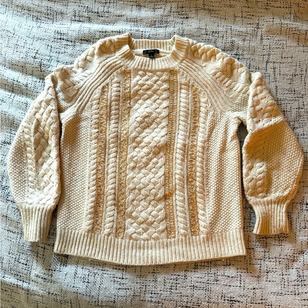 J Crew Ivory Cable Knit Wool Sequin Sweater - Size M